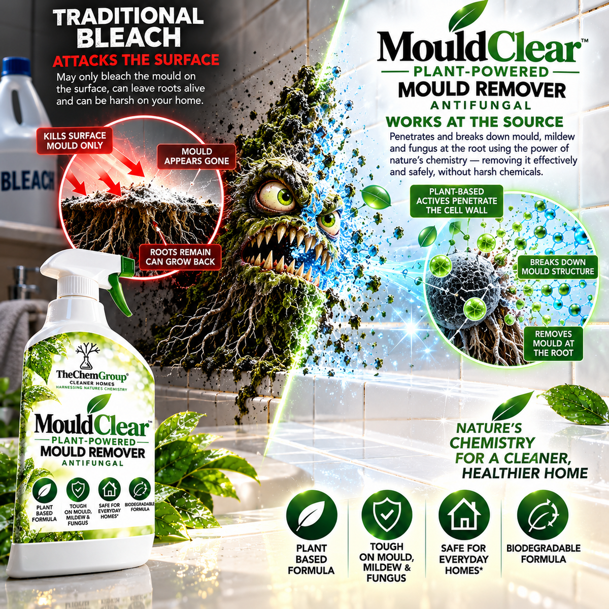 MouldClear Mould Remover Spray 1L | Natural Plant Powered Bathroom Mould & Mildew Cleaner